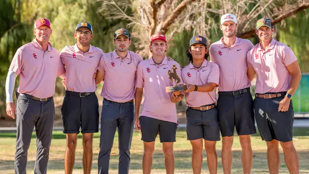 The USC Men's Golf Team poses together after winning the 2026 Wyoming Cowboy Classic