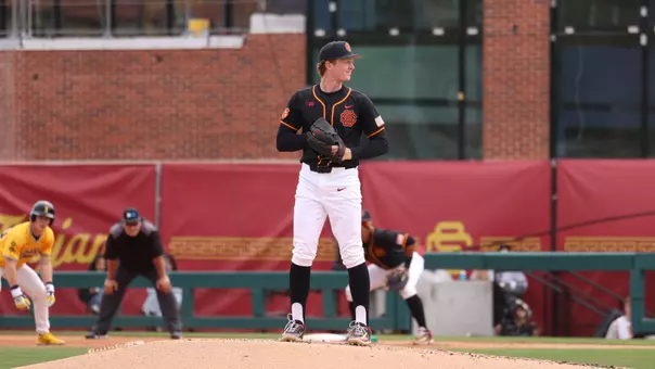 Andrew Johnson on the mound against Iowa.