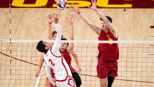 USC men's volleyball middle blocker Parker Tomkinson goes up to block in a match against CSUN at Galen Center