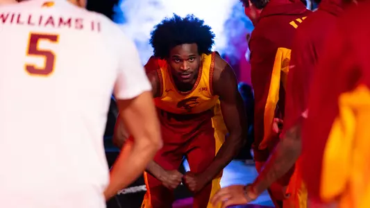 Ezra Ausar flexes during the player introductions before facing Rutgers