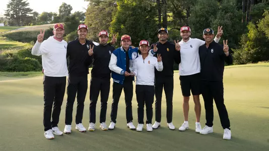 USC Men's Golf poses together after winning the 79th Western Intercollegiate
