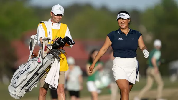 Justin Silverstein and Catherine Park walk the course at the 2026 Augusta Women's National Amateur