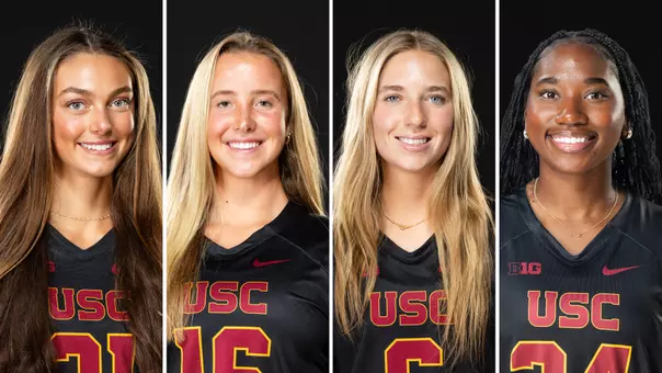 Four USC lacrosse player headshots for Big Ten postseason awards from left to right Sophie Gangemi Hollis Mulry Sydney Stewart and Asjia Roberson