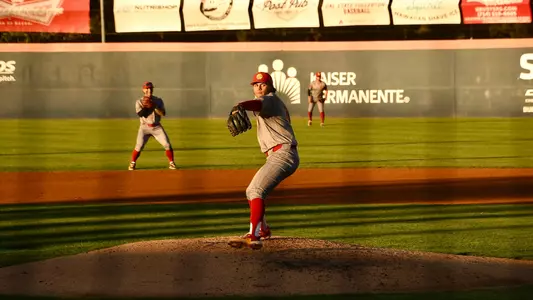 Diego Velazquez pitches on the road at Cal State Fullerton.