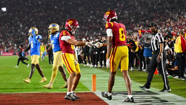 USC Trojans Football wide receivers Makai Lemon and Ja'Kobi Lane celebrate touchdown against UCLA Bruins