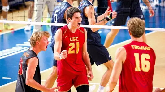 USC men's volleyball outside hitter Sterling Foley celebrates a point during the MPSF semifinal against Pepperdine in Provo, Utah.