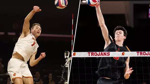 Men's volleyball outside hitter Dillon Klein and middle blocker Parker Tomkinson split graphic for MPSF/Molten Players of the Week awards