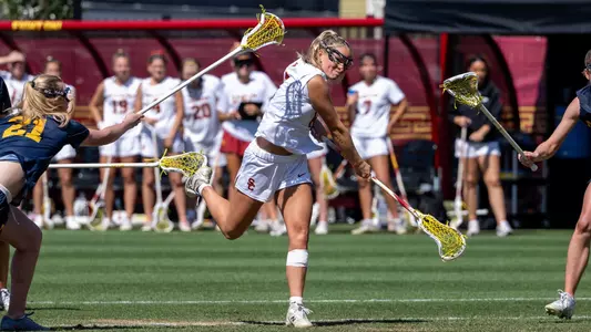 USC lacrosse junior attacker Reese Robinson shoots the ball in a game against Michigan at Rawlinson Stadium