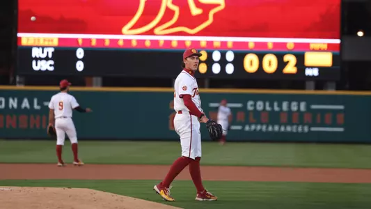 Mason Edwards walking off the mound while pitching against Rutgers.