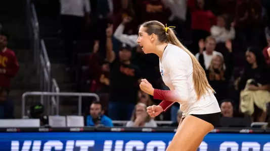 USC women's volleyball opposite hitter Abigail Mullen celebrates a point during a match against Princeton at Galen Center