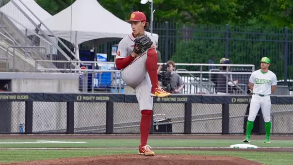 Mason Edwards pitches against Oregon in Eugene.