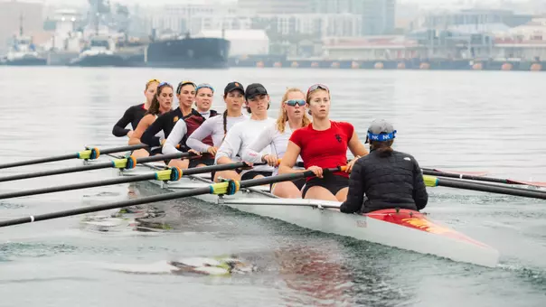 USC women's rowing practices in the Port of Los Angeles