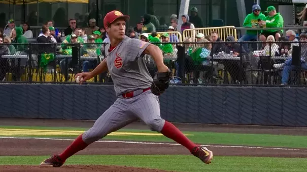 Grant Govel pitches on the road against Oregon at PK Park.