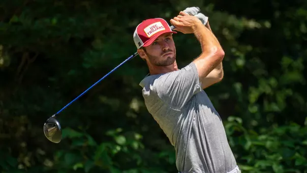 Luke Stock tees off at the NCAA Winston-Salem practice round