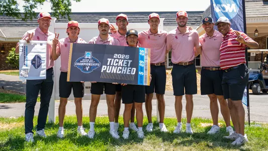 The USC Men's Golf Team poses with a gigantic ticket at the Winston-Salem Regional