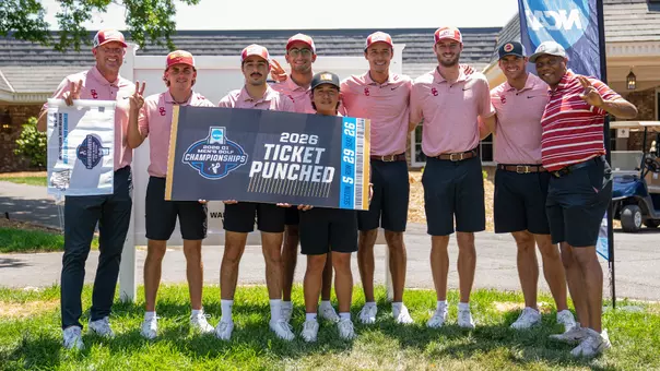 The USC Men's Golf Team poses with a gigantic ticket at the Winston-Salem Regional