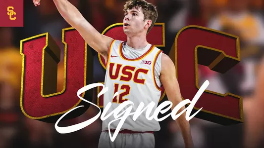 USC men's basketball transfer guard Isaac Bruns on a "signed" graphic