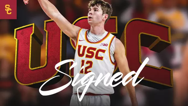 USC men's basketball transfer guard Isaac Bruns on a "signed" graphic