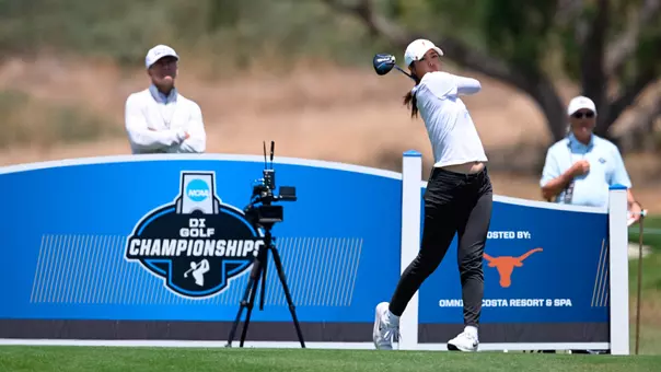 Kylie Chong tees off in front of NCAA signage during the 2026 NCAA Women's Golf Championships