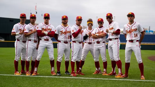 Trojans pose on the field in Omaha at Charles Schwab Field before the Big Ten Tournament.