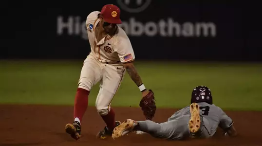 Abbrie Covarrubias makes the tag at second base for an out against Texas A&M