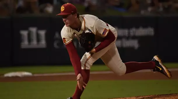 Andrew Johnson pitches to Texas A&M as the starting pitcher for the Trojans