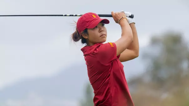 Jasmine Koo swings a driver at the 2026 Big Ten Championships