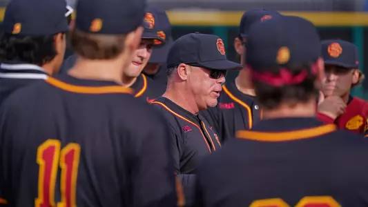 Sean Allen talks to the USC pitching staff.