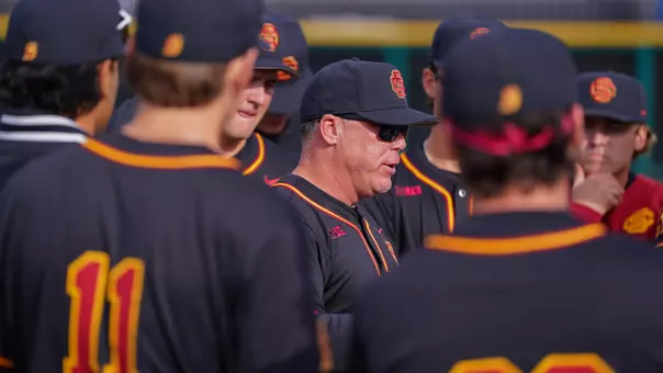 Sean Allen talks to the USC pitching staff.