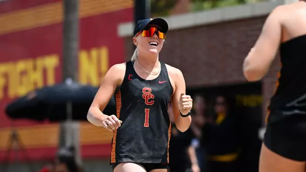 USC beach volleyball junior Ashley Pater celebrates during a match at Merle Norman Stadium