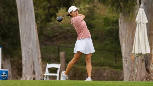 Elise Lee tees off during the second round of the 2026 NCAA Championships