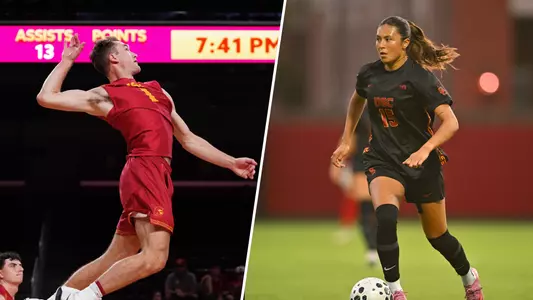 USC men's volleyball outside hitter Dillon Klein and women's soccer forward Maribel Flores in a blended/split graphic to celebrate their selections for the 2025-26 Big Ten Medal of Honor