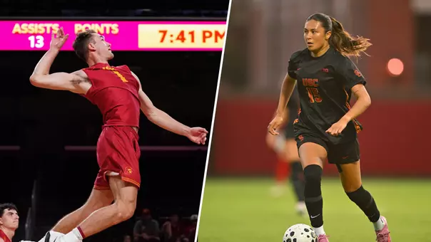 USC men's volleyball outside hitter Dillon Klein and women's soccer forward Maribel Flores in a blended/split graphic to celebrate their selections for the 2025-26 Big Ten Medal of Honor