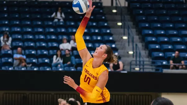 USC women's volleyball outside hitter Quinn Loper attacks the ball during a spring match at San Diego