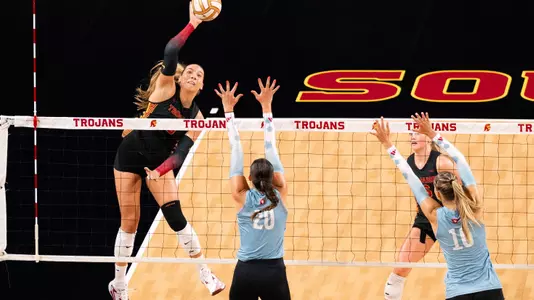 USC women's volleyball opposite hitter Abigail Mullen goes up to attack the ball during a scrimmage against Loyola Marymount at Galen Center