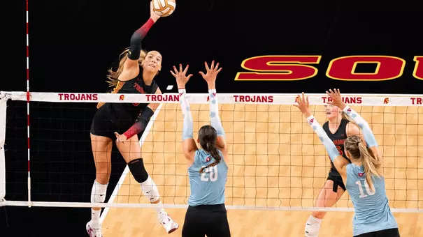 USC women's volleyball opposite hitter Abigail Mullen goes up to attack the ball during a scrimmage against Loyola Marymount at Galen Center
