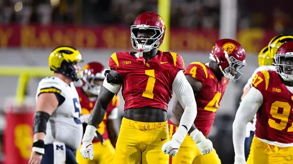 USC Trojans Football defensive lineman Kameryn Crawford celebrates against Michigan Wolverines