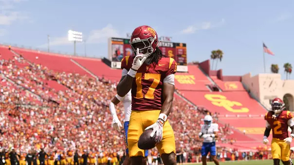 USC Trojans Football wide receiver Kayden Dixon-Watts celebrates touchdown vs. San Jose State Spartans