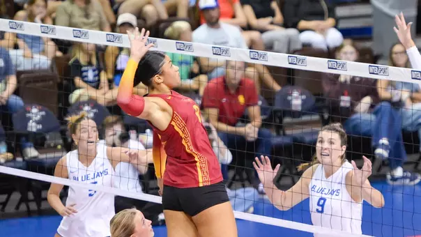 USC women's volleyball middle blocker Mia Tvrdy goes up to attack a ball during a match against Creighton in the 2026 State Farm Volleyball Showcase at the Sanford Pentagon in Sioux Falls, S.D.