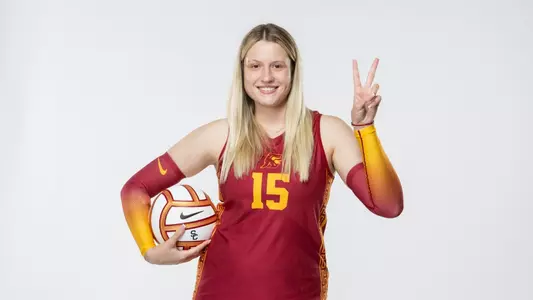 USC Women's Volleyball setter Elena Baic holds a volleyball during a media day photoshoot