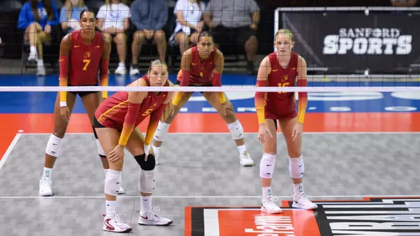 USC women's volleyball lines up to wait to receive serve during a match against Creighton at the Sanford Pentagon in Sioux Falls, SD