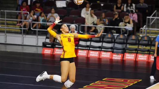 USC women's volleyball middle blocker Mia Tvrdy goes up to serve in a match against Pepperdine at Galen Center