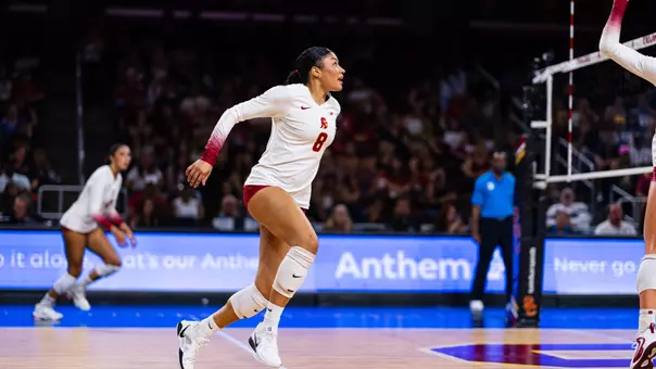 USC women's volleyball middle blocker Mia Tvrdy prepares to attack the ball during a match at Galen Center