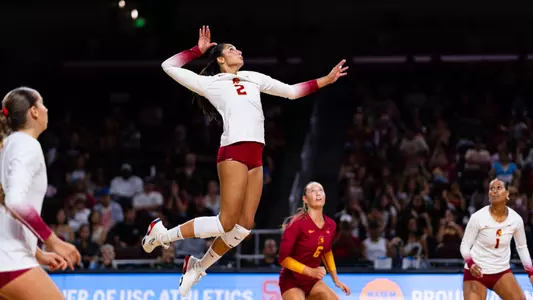 USC women's volleyball outside hitter London Wijay goes up to attack a ball out of the back row during a match at Galen Center