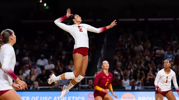 USC women's volleyball outside hitter London Wijay goes up to attack a ball out of the back row during a match at Galen Center