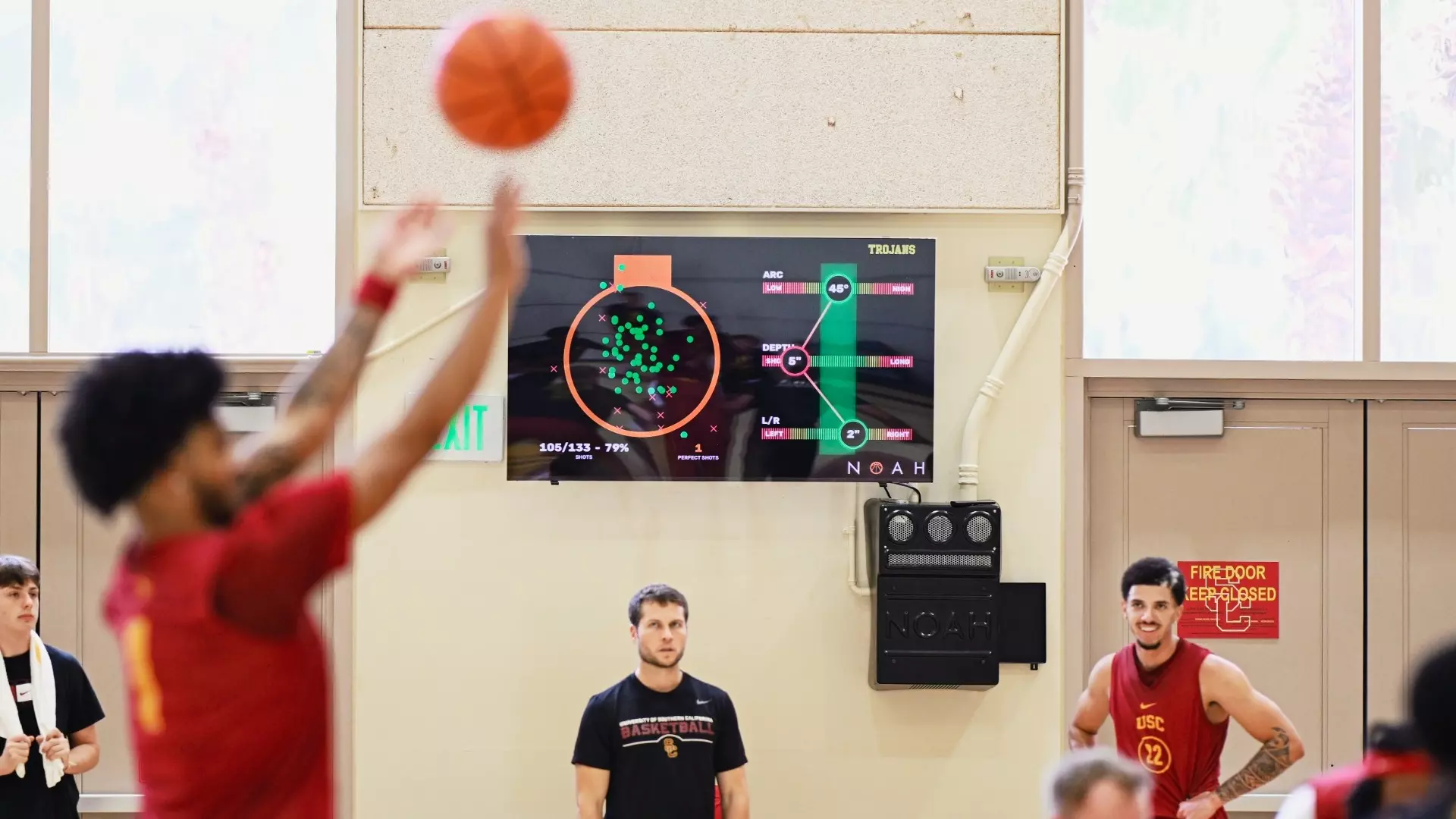 USC men's basketball's Noah Pro shot system is on display with Rodney Rice shooting in the foreground