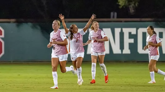 Jaiden Rodriguez celebrates after scoring a goal on the road against Stanford.