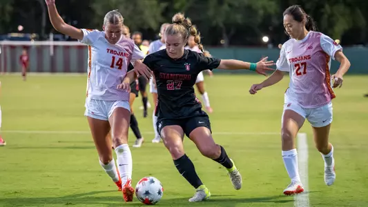 Ashley Thurk defends against a Stanford attacker.