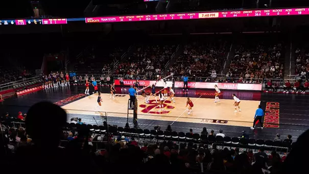 USC women's volleyball plays Arizona at Galen Center, a wide photo of the entire arena floor from the concourse level