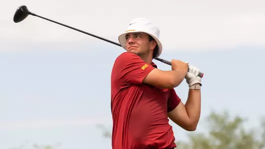 Deitrek Gill tees off during the Bombs Darts Birds Collegiate